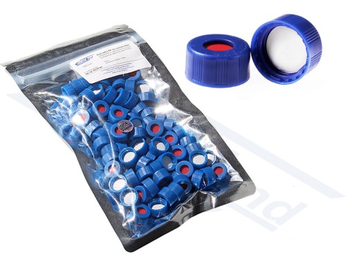 Korek PP do fiolek ND9 z otworem 6 mm niebieski czerwony silikon/biały PTFE op.100 szt. CHEMLAND